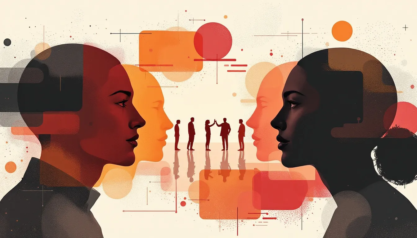 Ilustración editorial sobre psicología y autopercepción con siluetas y reflejos abstractos