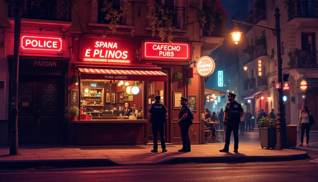 Ilustración de una escena nocturna en el centro de Granada con presencia policial