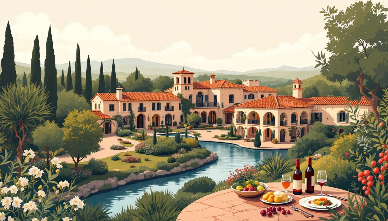 Ilustración de mansión rural española con río y elementos gastronómicos artesanales