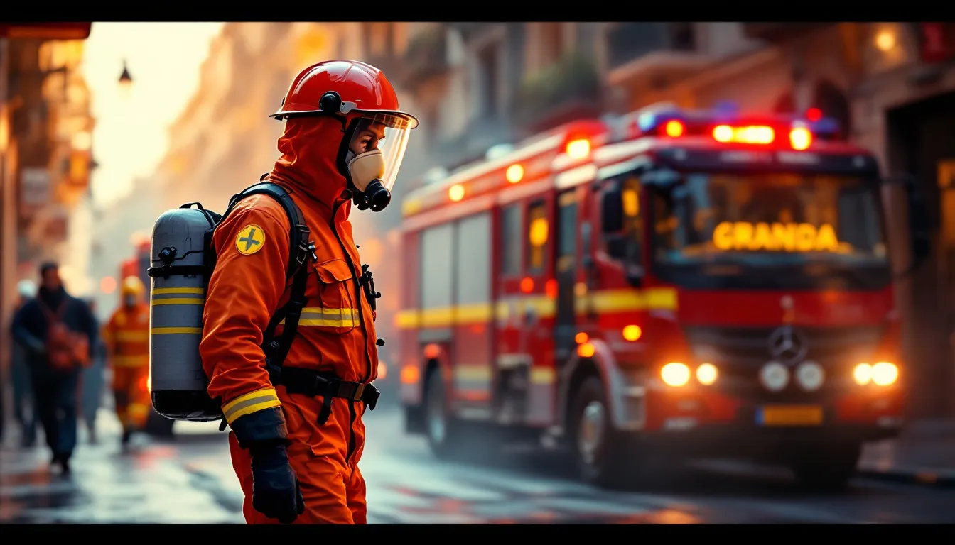 Ilustración editorial de bombero con traje de protección NRBQ durante intervención de emergencia