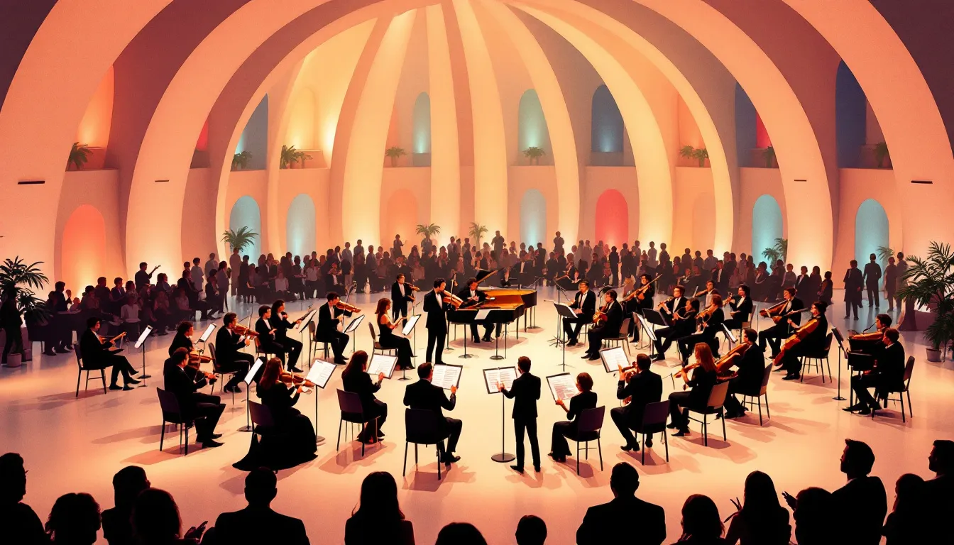 Ilustración de concierto de música contemporánea en espacio museístico con iluminación cálida
