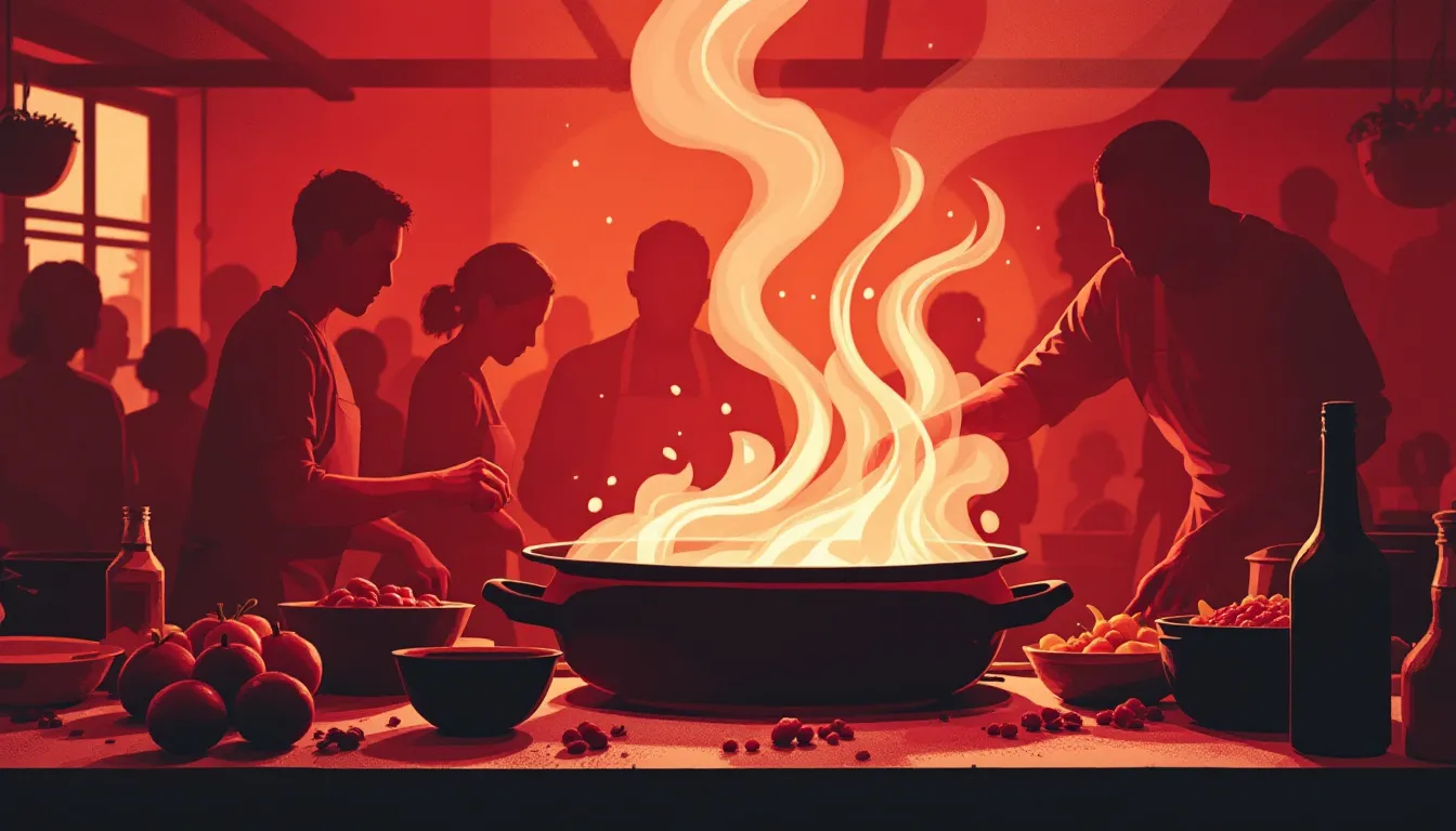 Ilustración editorial de manos cocinando en olla comunitaria con ambiente cálido y solidario