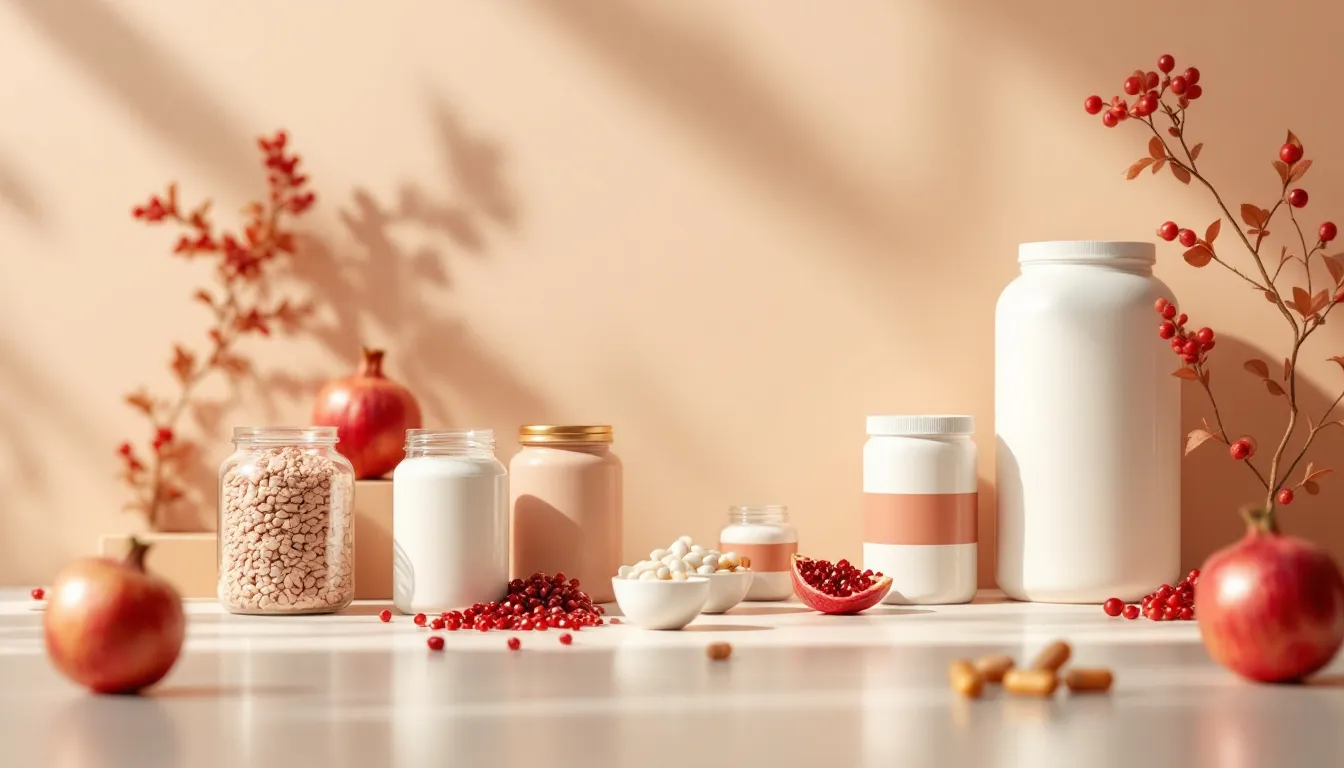 Composición editorial de suplementos nutricionales y productos de salud en estilo moderno minimalista
