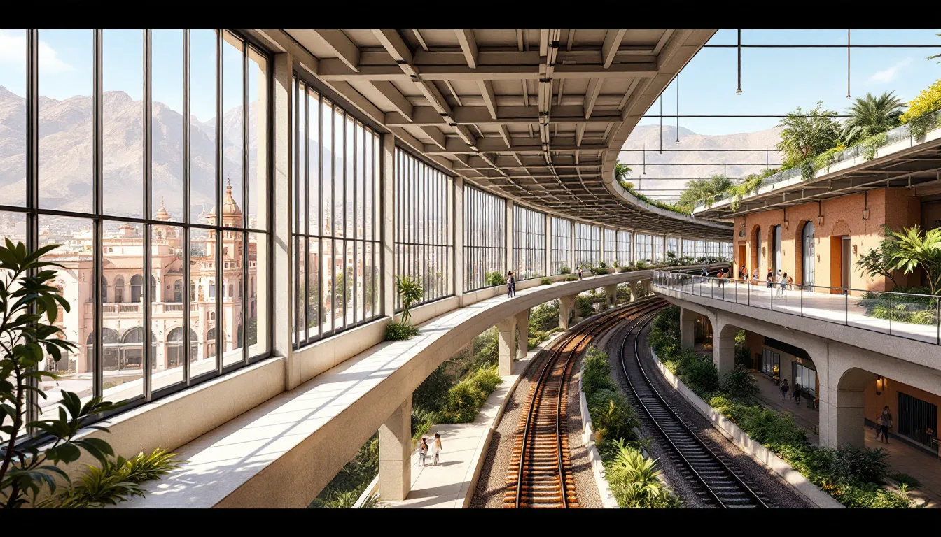 Ilustración de estación ferroviaria moderna con corredores verdes y miradores urbanos