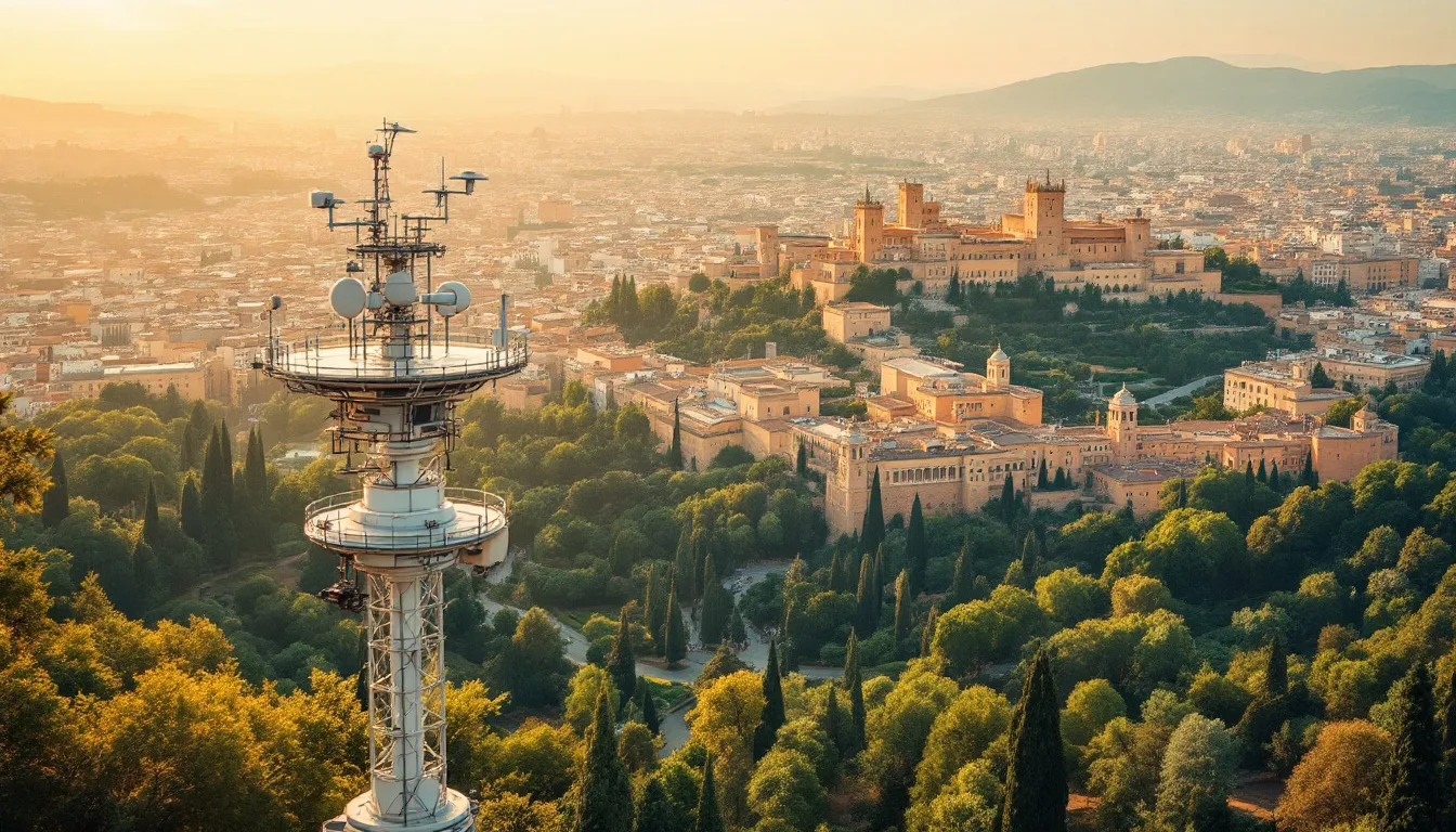 Ilustración del conjunto de la Alhambra con equipamiento meteorológico para monitorización del clima