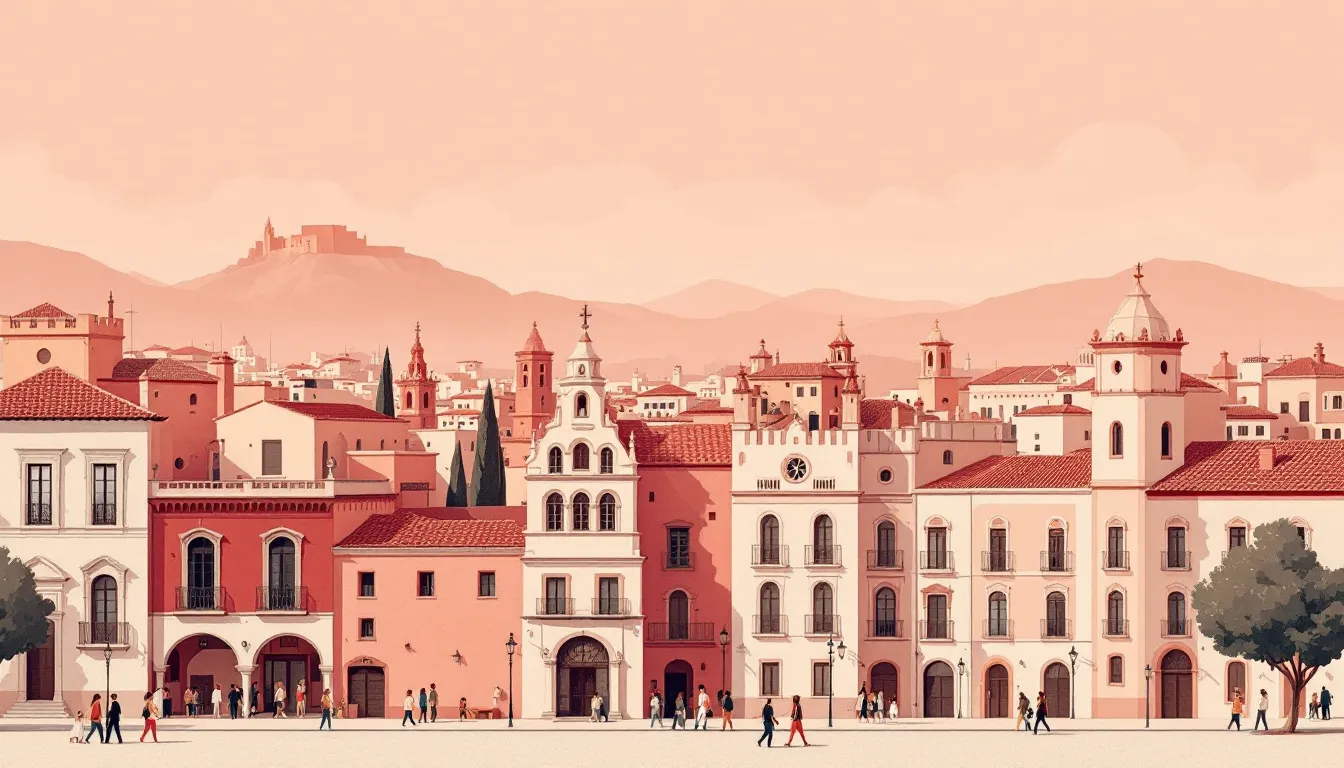 Ilustración editorial de Granada mostrando convivencia entre turismo y ciudad residencial