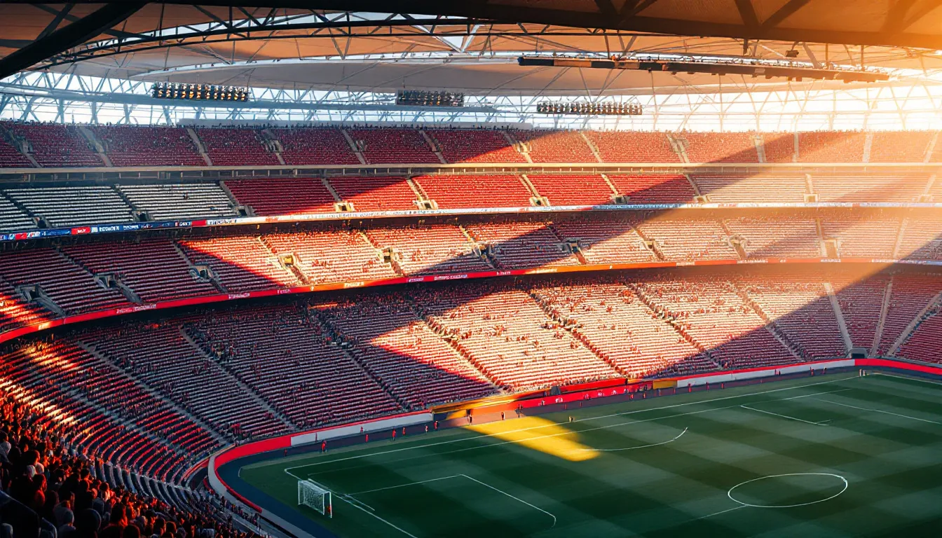 Representación editorial de las gradas de un estadio de fútbol con los colores rojiblancos característicos