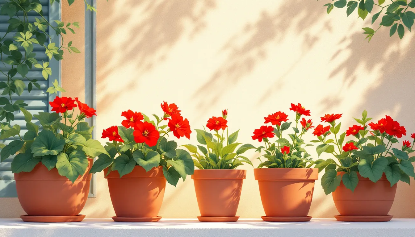 Ilustración de geranios rojos florecidos en macetas de terracota en un balcón mediterráneo