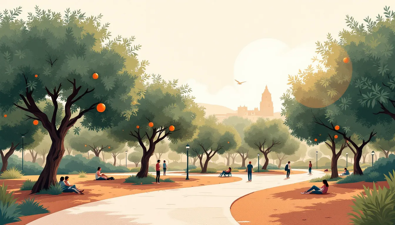 Ilustración editorial de árboles urbanos proporcionando sombra y frescor en un parque mediterráneo