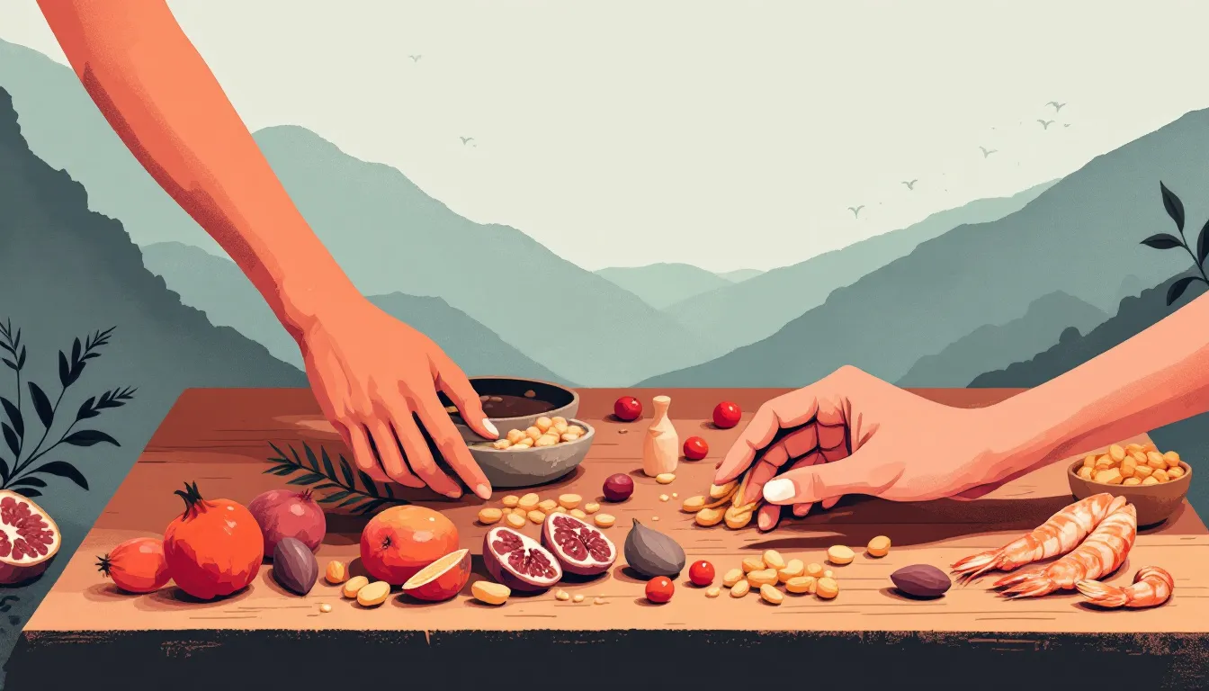 Ilustración editorial sobre reconstrucción comunitaria a partir de ingredientes gastronómicos locales