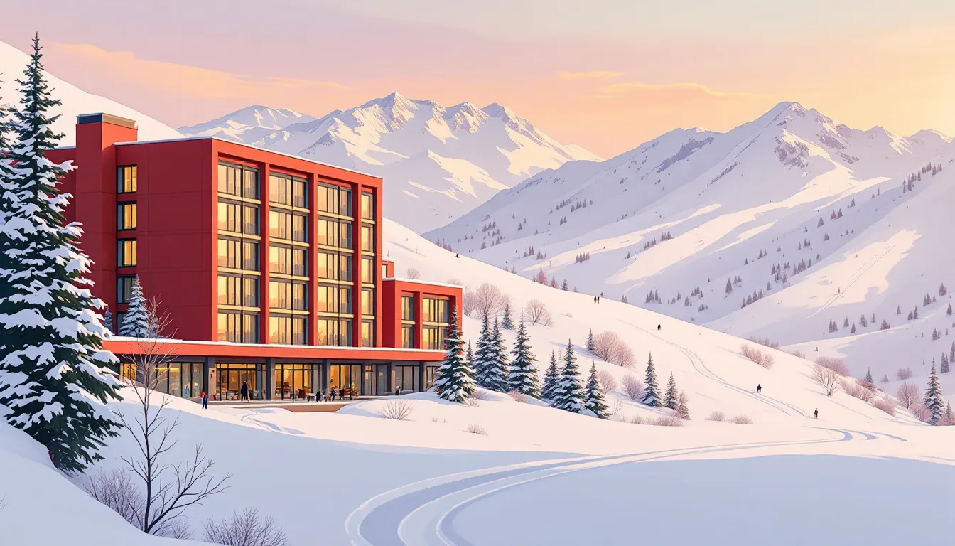 Ilustración de hotel en estación de esquí de montaña con pistas nevadas al fondo