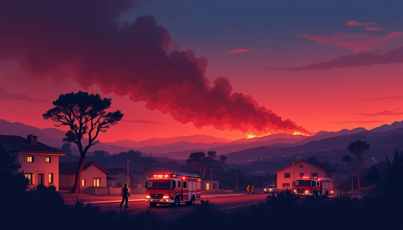 Ilustración de bomberos actuando en incendio cerca de viviendas al atardecer