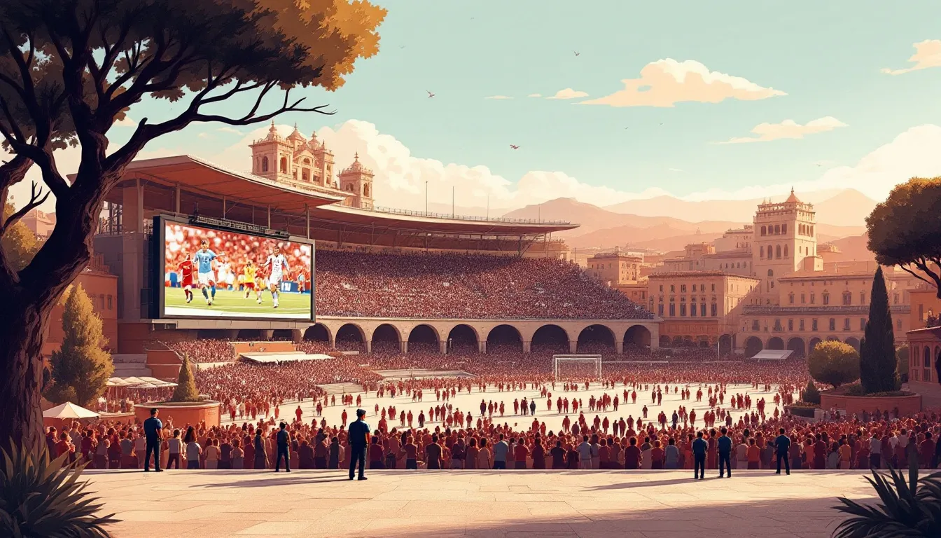 Ilustración editorial de seguridad policial en un evento deportivo público en Granada