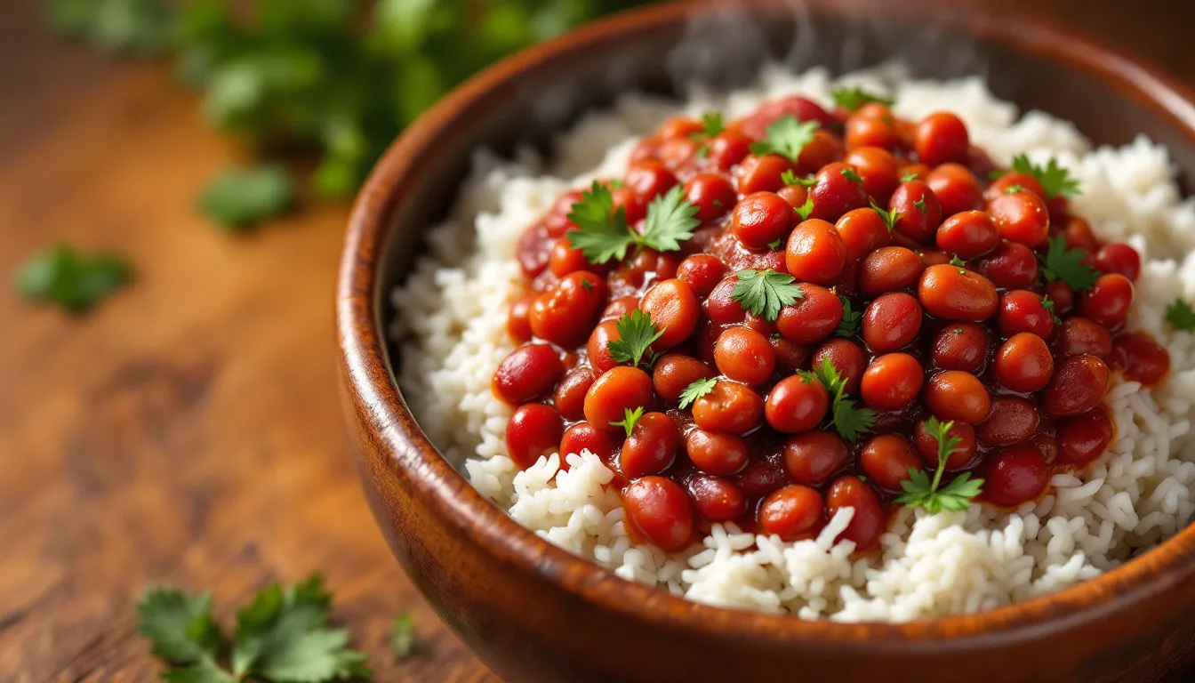 Ilustración de un bol de arroz con chili de alubias rojas, estilo editorial moderno y cálido