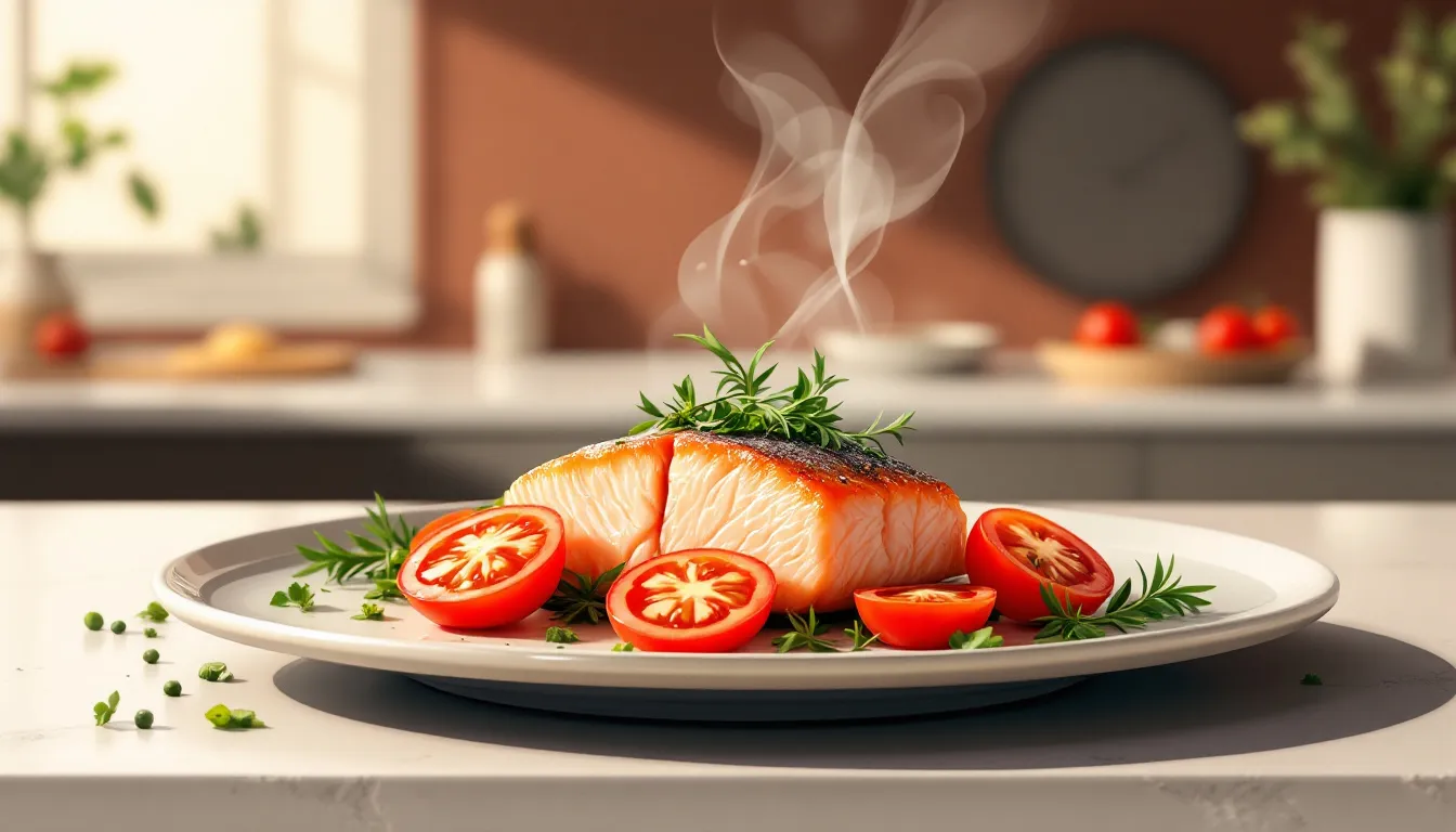 Ilustración editorial de salmón al microondas con tomate en estilo minimalista contemporáneo