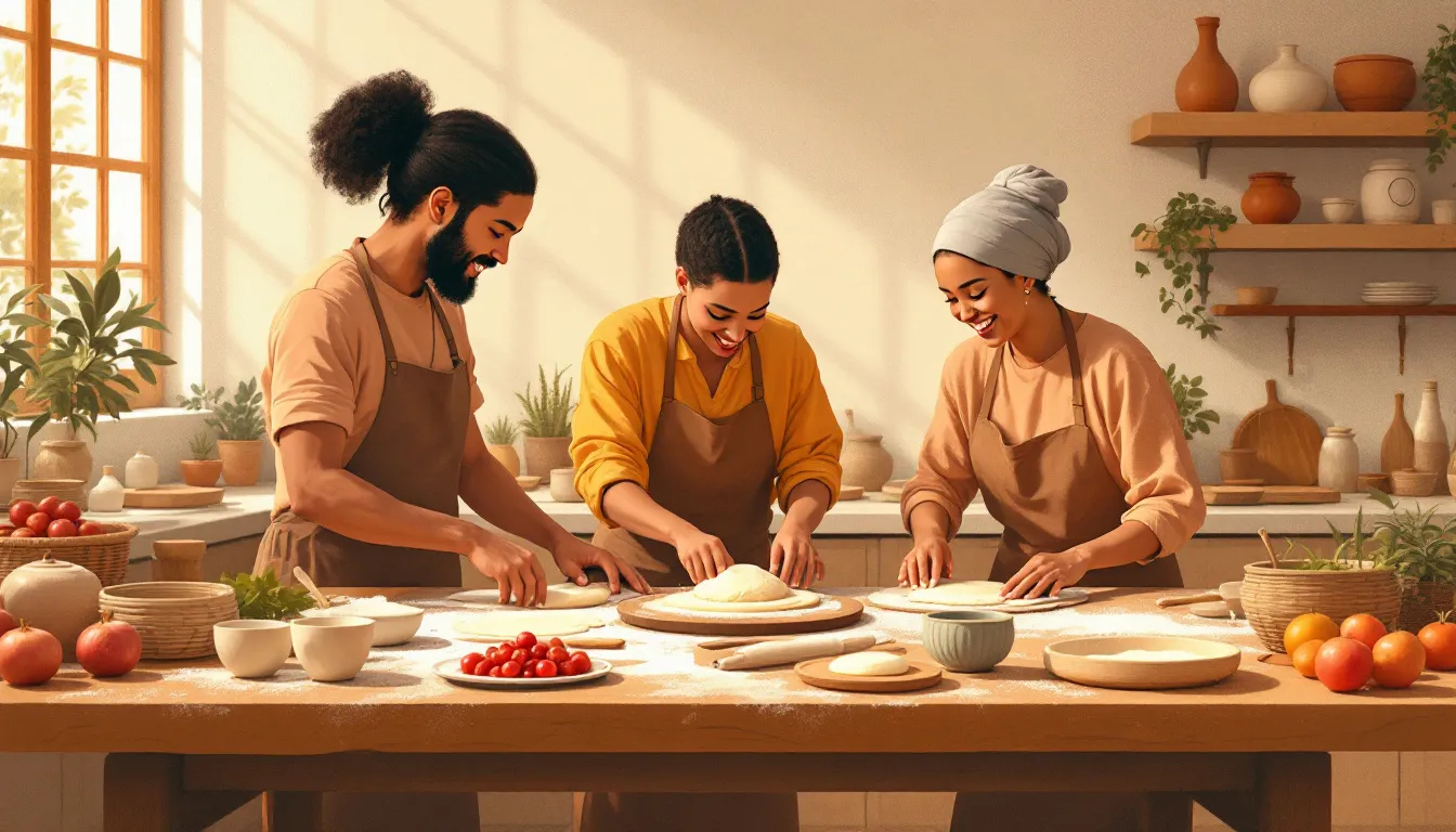 Ilustración de taller gastronómico con manos preparando alimentos en cocina tradicional