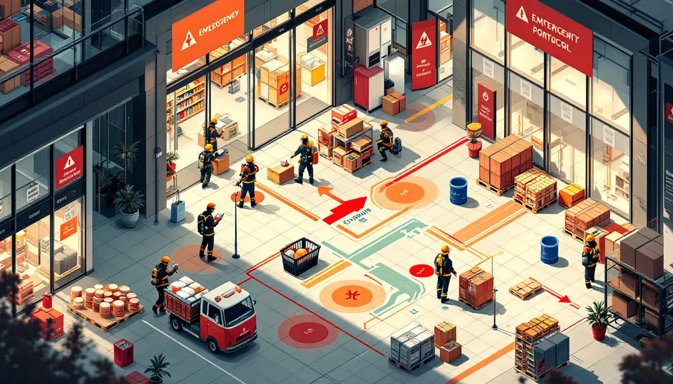 Ilustración conceptual de protocolo de emergencia en centro comercial con zonas de confinamiento