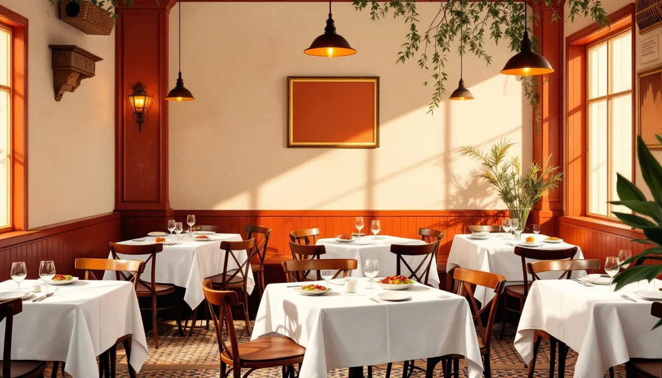 Ilustración de restaurante tradicional español con ambiente clásico y platos de cocina casera