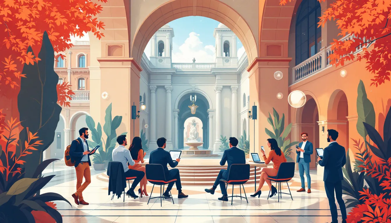 Ilustración editorial representando un foro de innovación en un entorno histórico granadino
