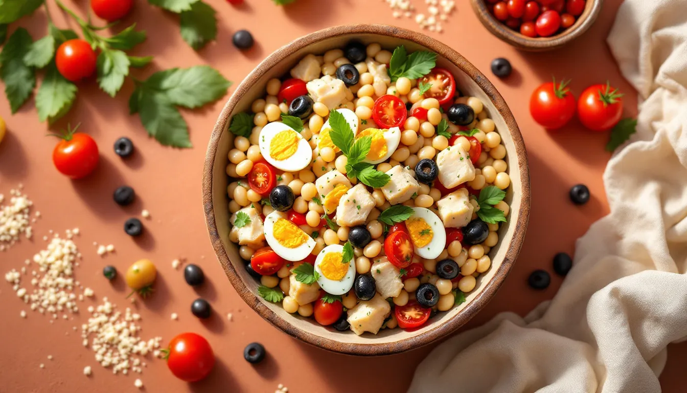 Ilustración de ensalada mediterránea con judías blancas, bacalao y hortalizas en tonos cálidos andaluces