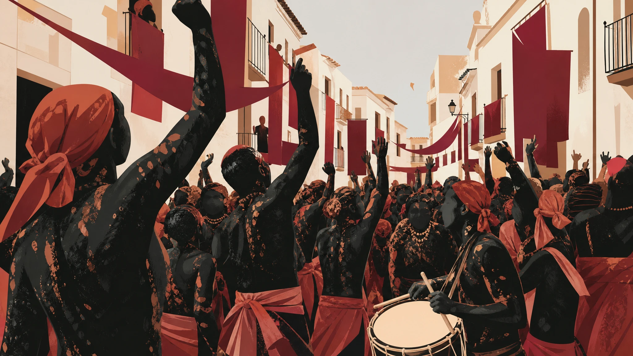 Ilustración de una multitudinaria fiesta popular tradicional en las calles