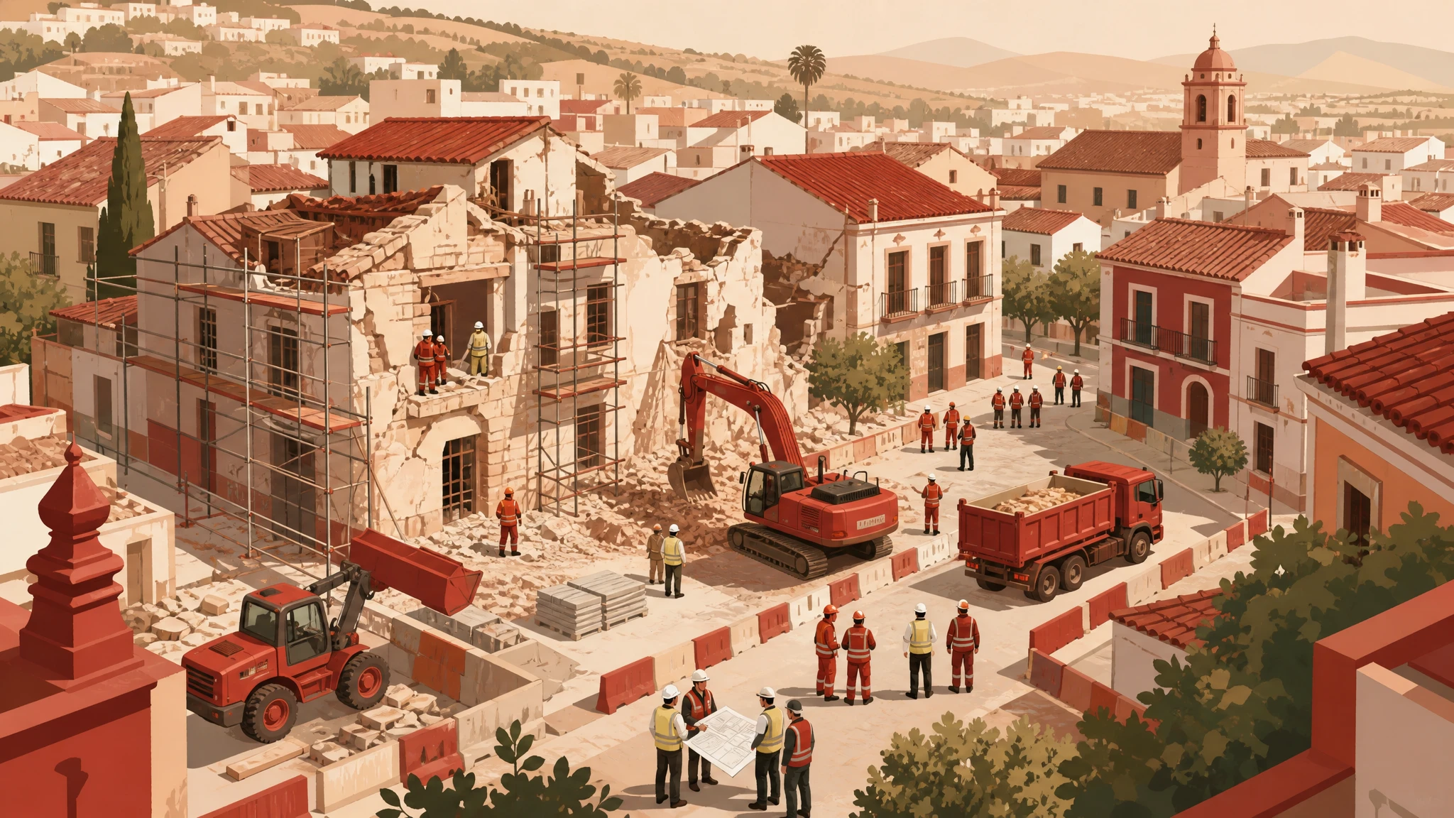Ilustración editorial de tareas de reconstrucción urbana tras seísmos en municipios granadinos