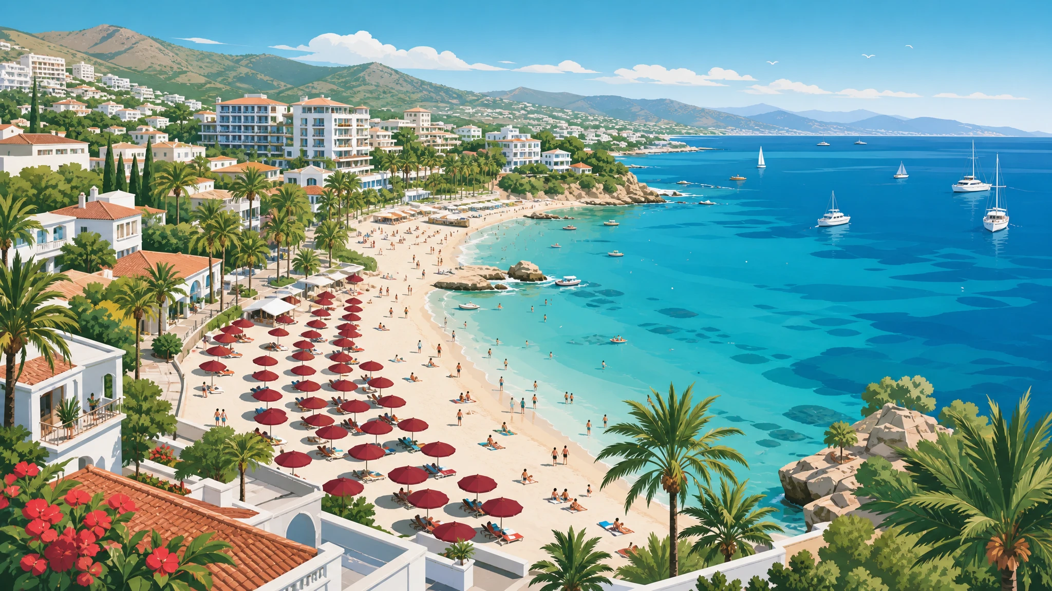 Ilustración de paisaje costero mediterráneo con playa tropical y turismo