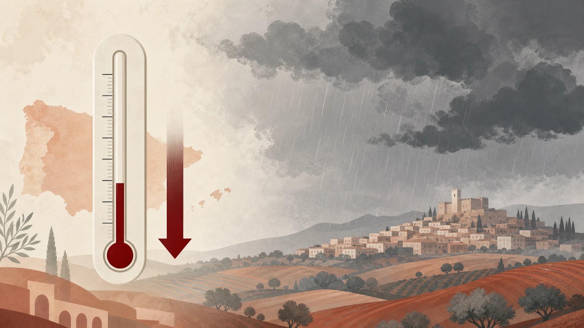Ilustración conceptual de cambio meteorológico con descenso de temperaturas y llegada de lluvia