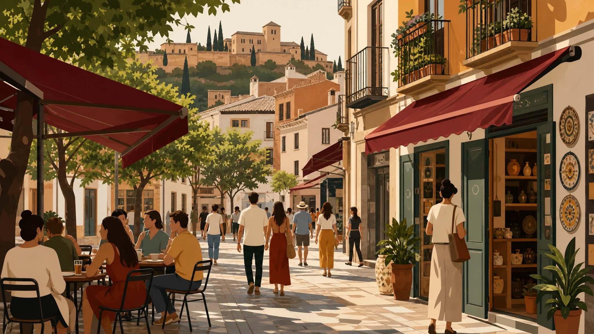 Ilustración de un barrio urbano con terrazas y comercios recuperando su actividad