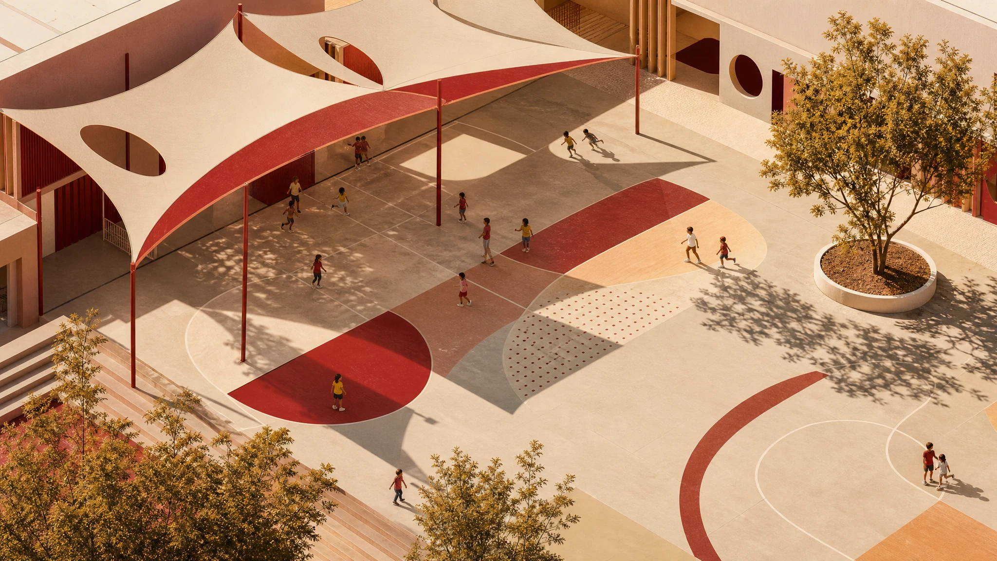 Ilustración de patio escolar moderno con estructura de sombra protectora