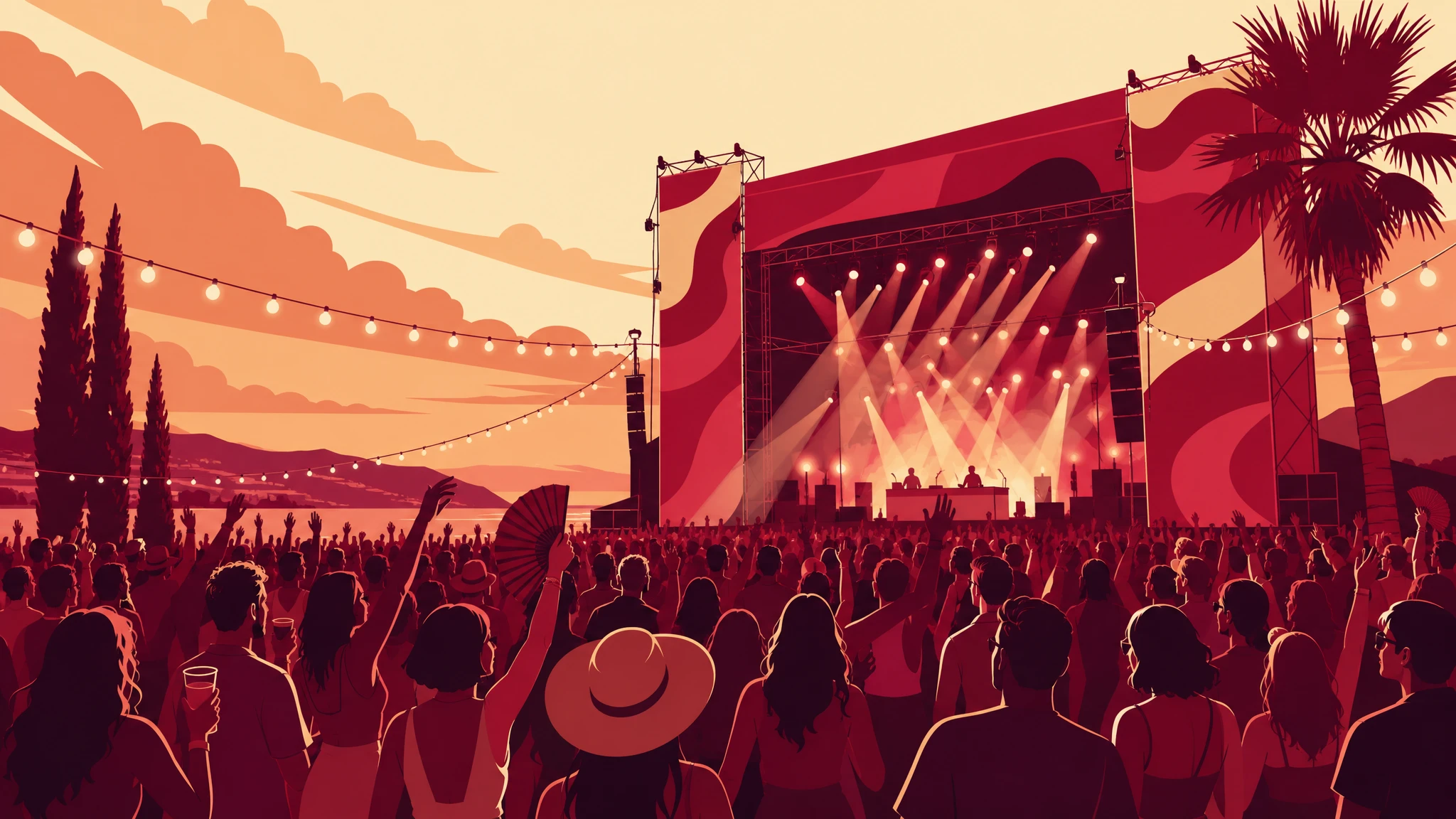 Ilustración de festival musical al aire libre con ambiente festivo y luces nocturnas