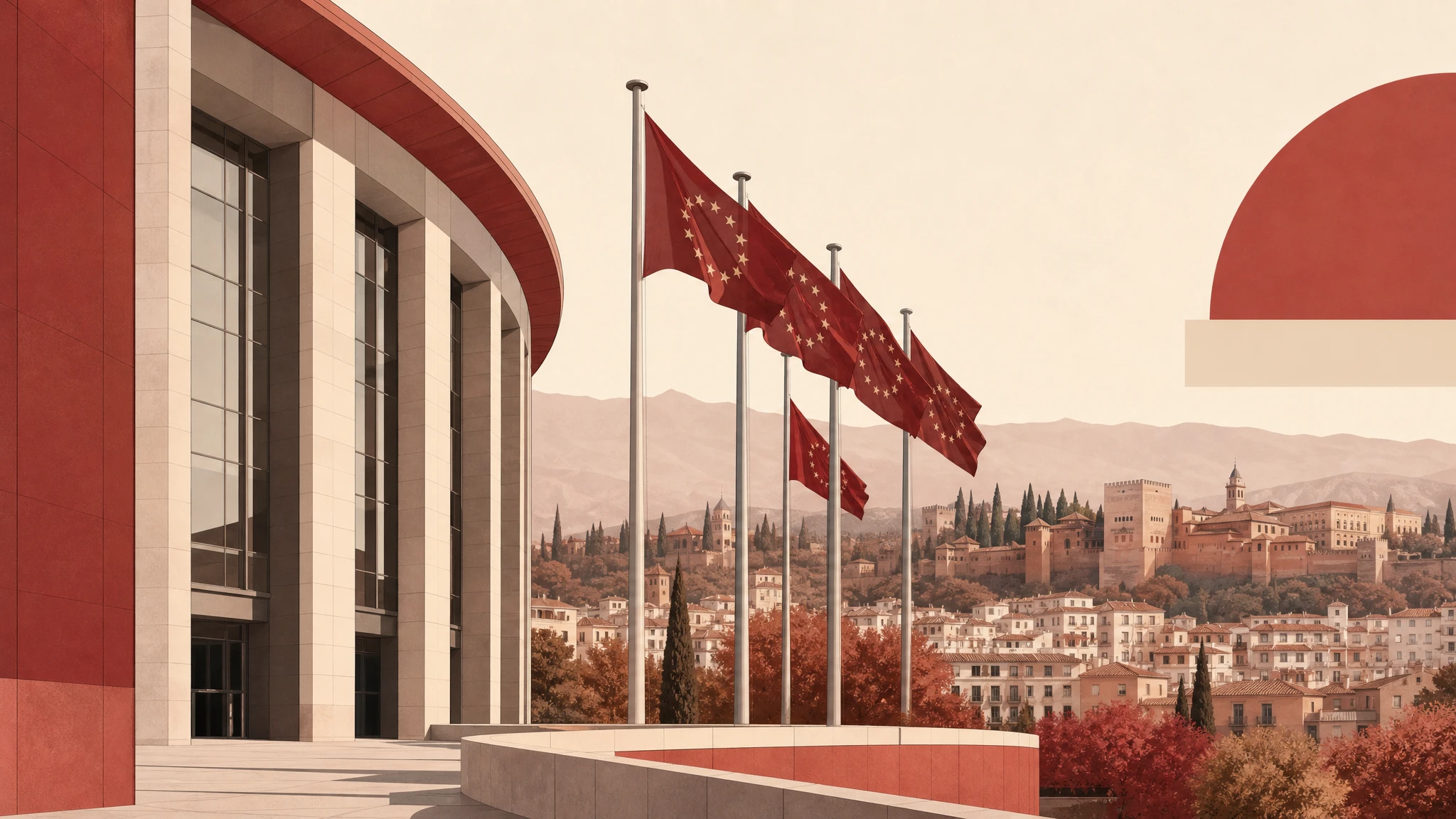 Ilustración de edificio institucional europeo con referencias a Granada