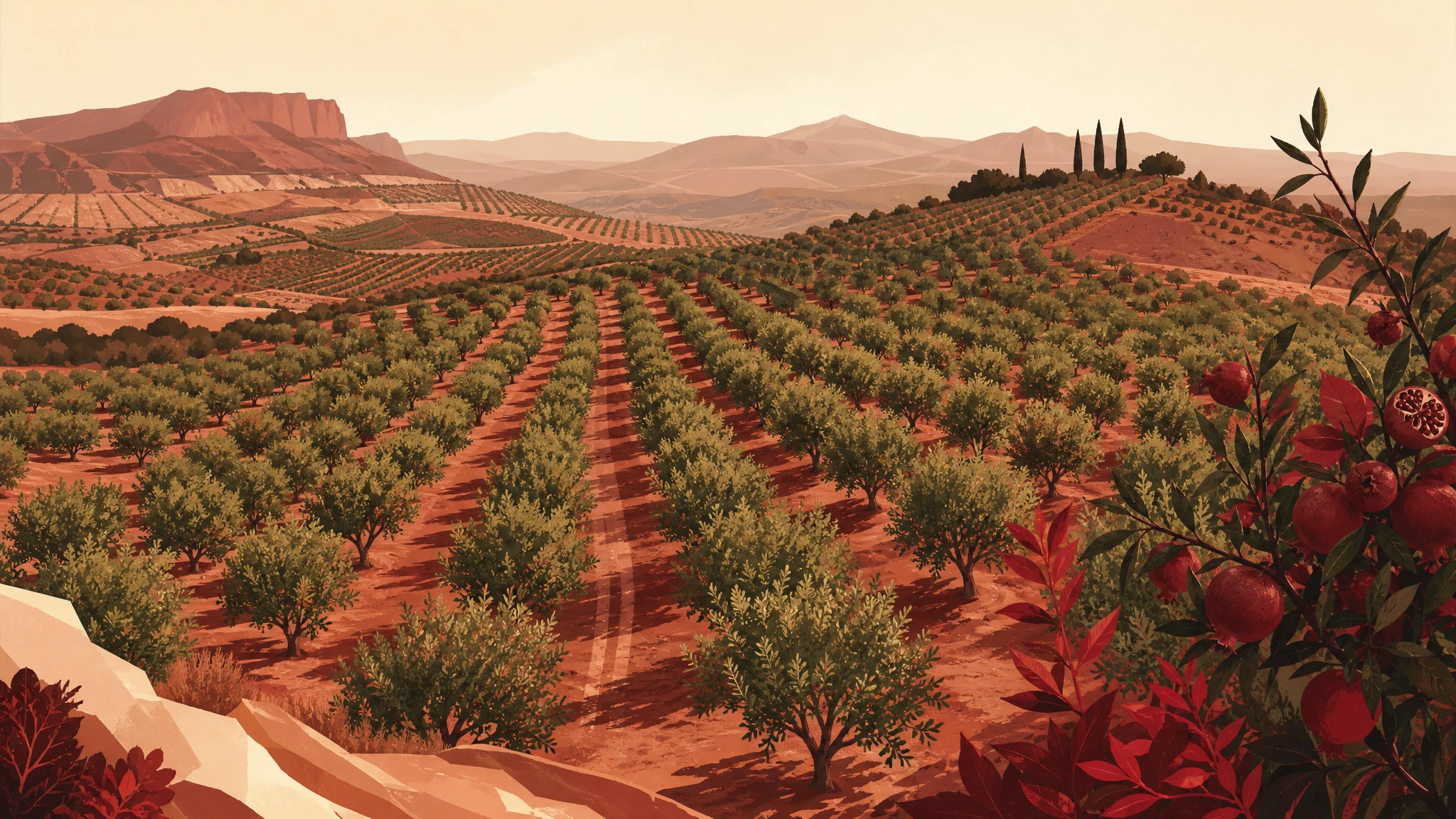 Vista aérea ilustrativa de plantación de pistachos en el Altiplano granadino