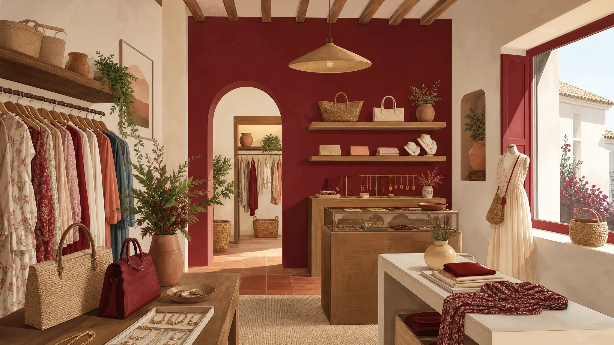 Ilustración de una boutique de moda en un pueblo con ropa, complementos y ambiente acogedor