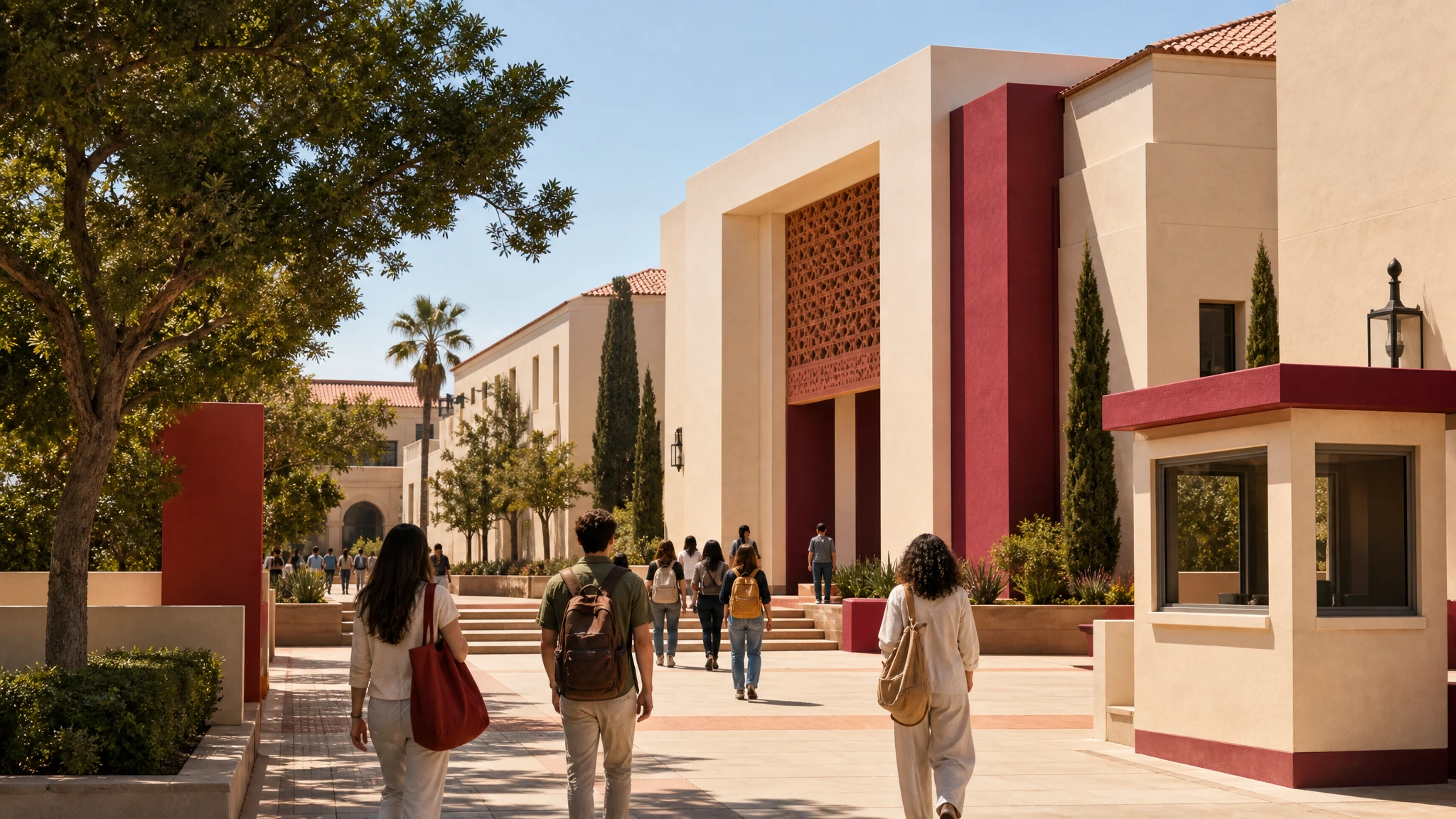Ilustración de un campus universitario con arquitectura andaluza y ambiente de inicio de curso