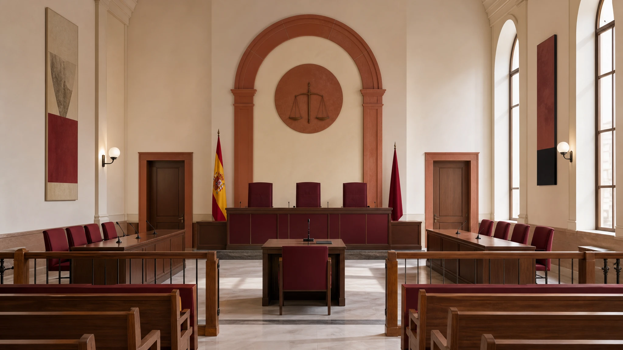 Ilustración de una sala judicial vacía representando el sistema de justicia