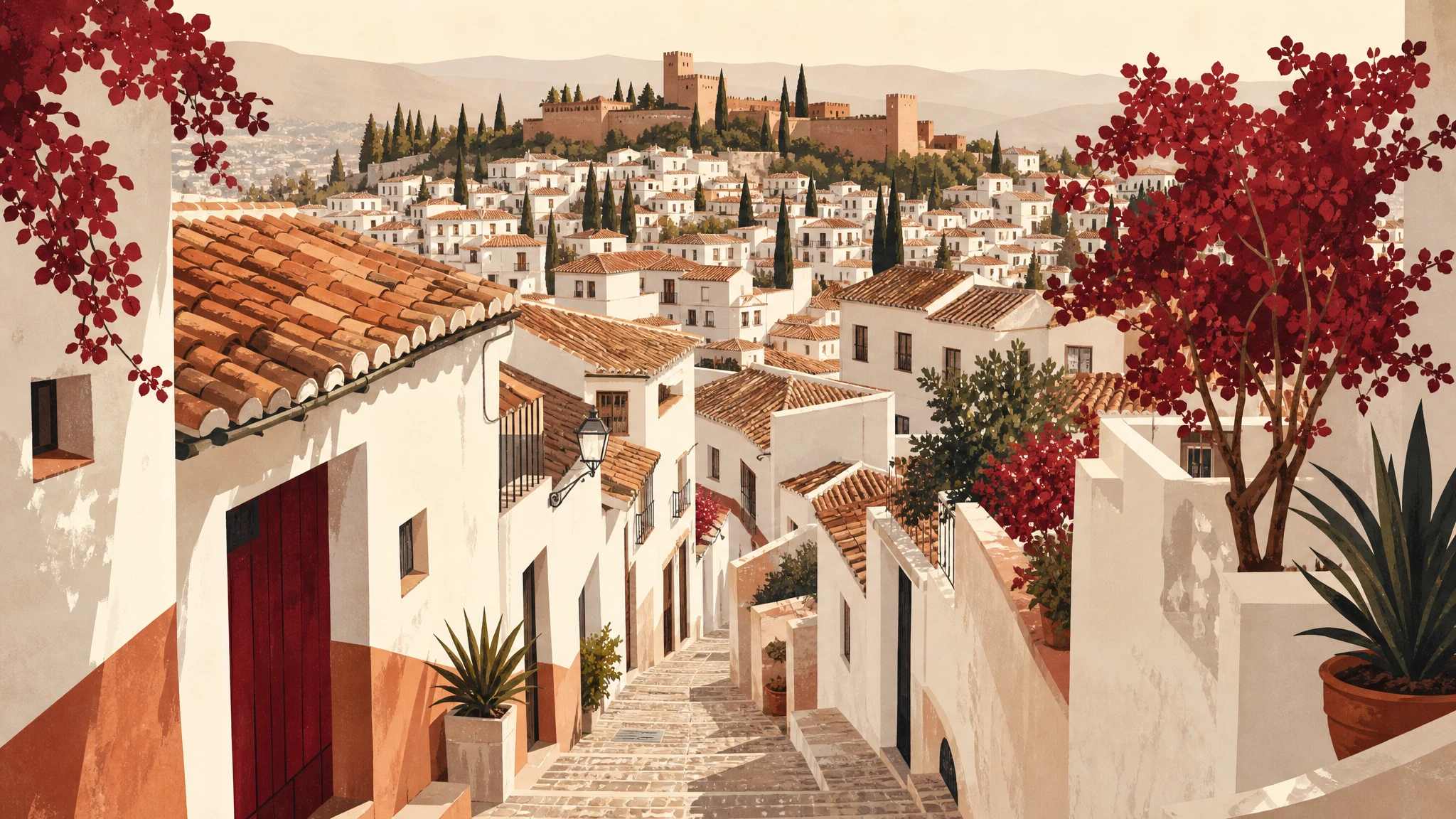 Vista ilustrativa del barrio del Albaicín en Granada con sus calles estrechas