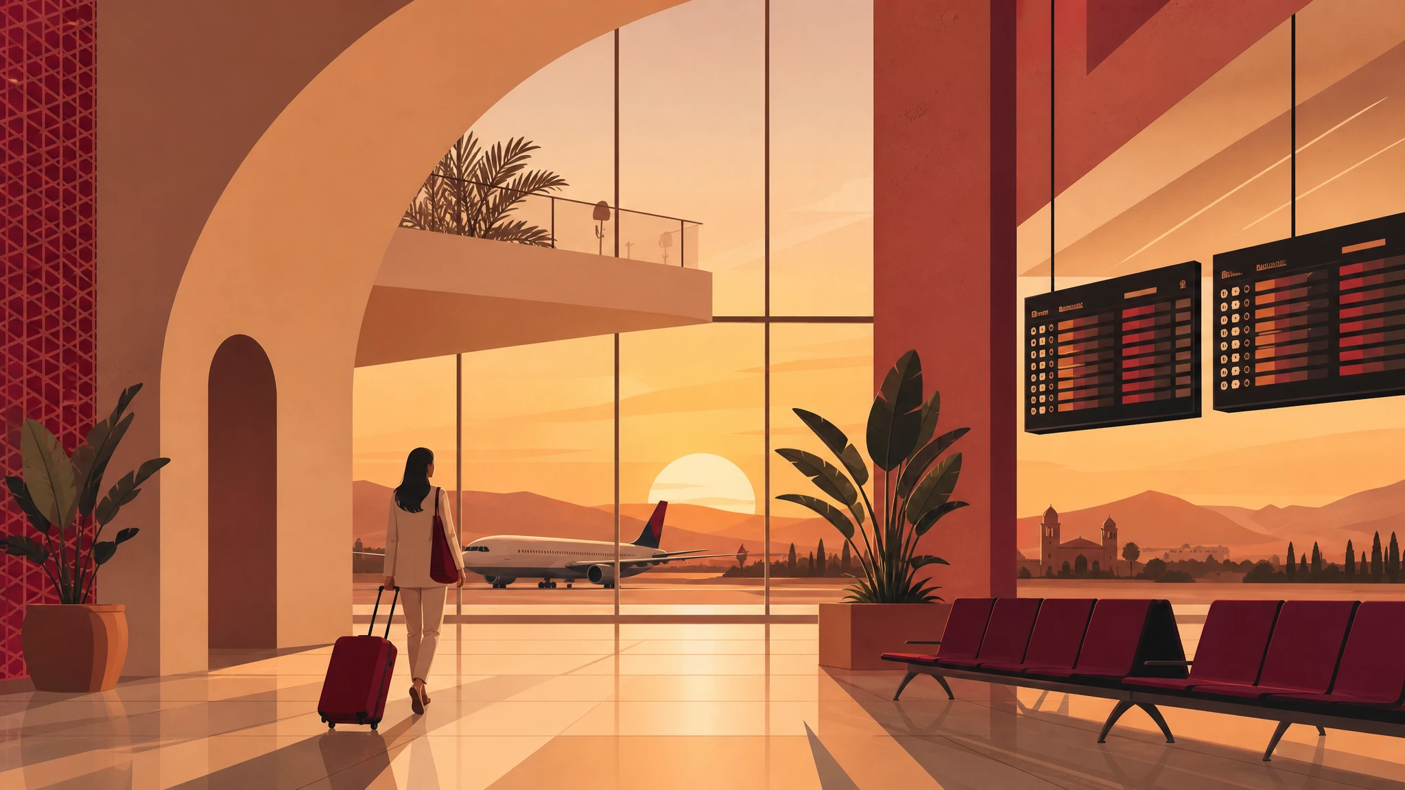 Ilustración conceptual de terminal aeroportuaria con avión en pista