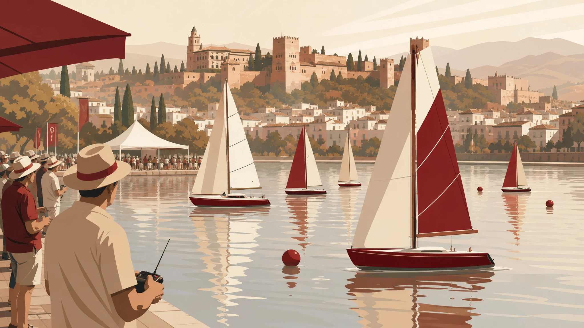 Ilustración de veleros de radiocontrol navegando en el río Genil durante homenaje a Álvaro de Bazán