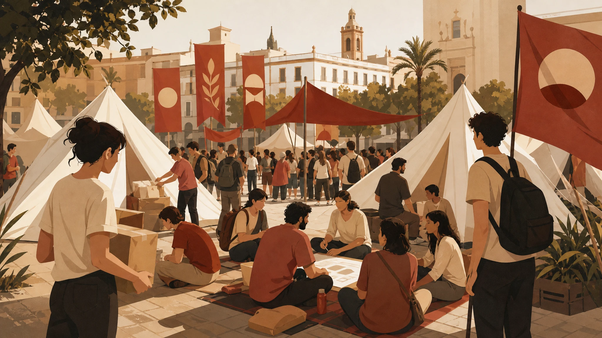 Ilustración de campamento urbano de protesta con carpas blancas y asamblea vecinal