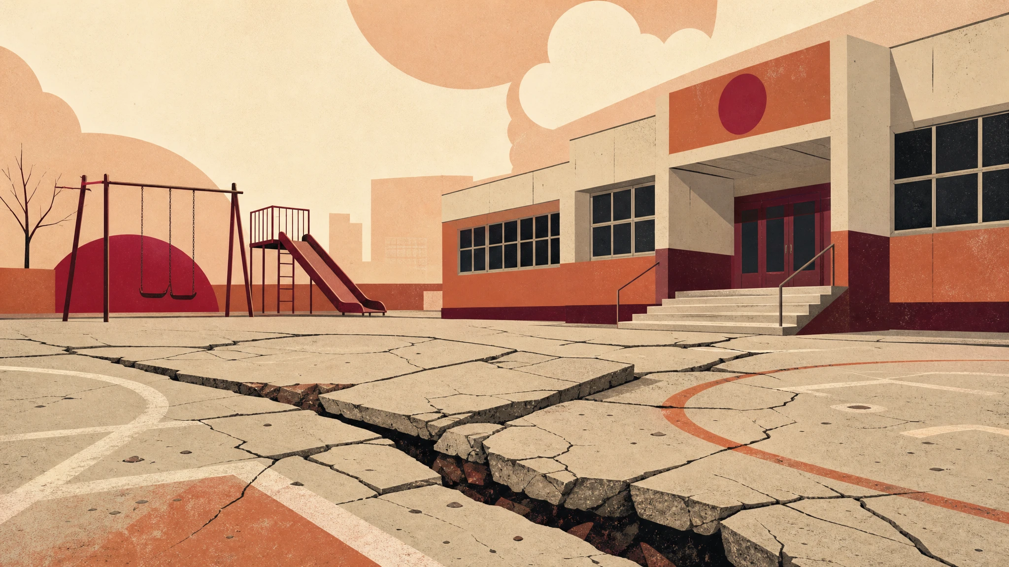Ilustración de patio escolar con pavimento agrietado y deteriorado