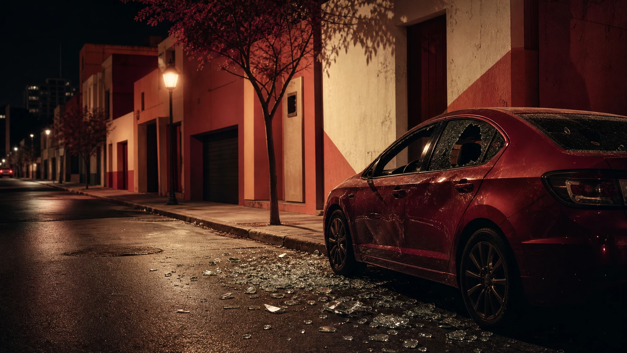Ilustración de una calle urbana con coche dañado tras acto vandálico