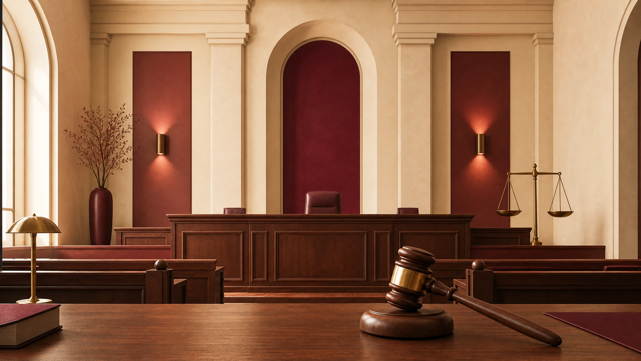 Ilustración de sala judicial vacía con mazo y estrado